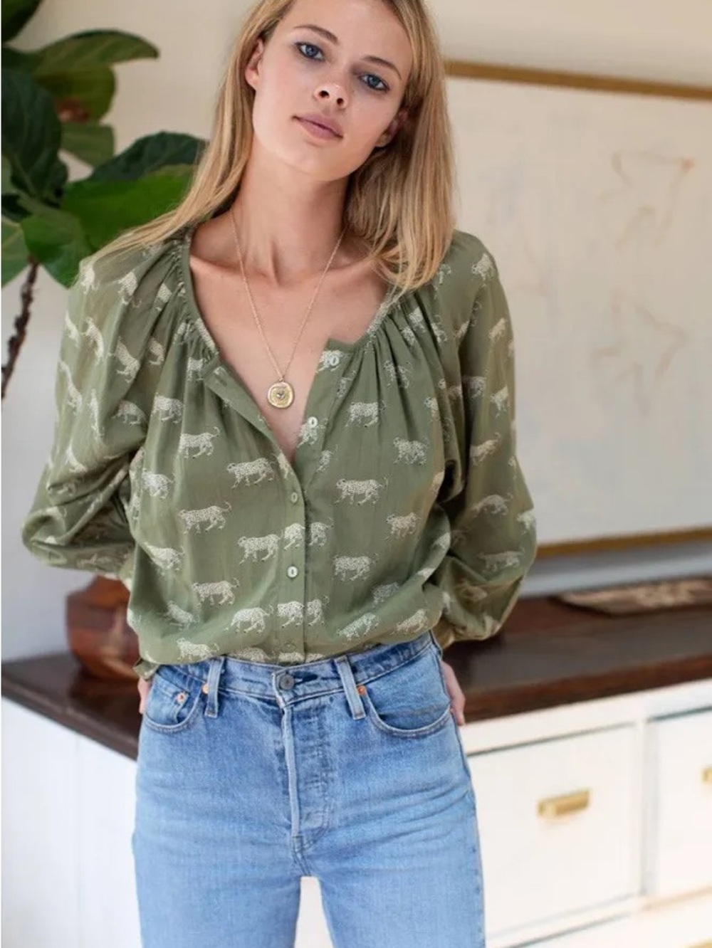 NWOT Emerson Fry Frances blouse - Olive Cheetah Print Blouse / Sz Small